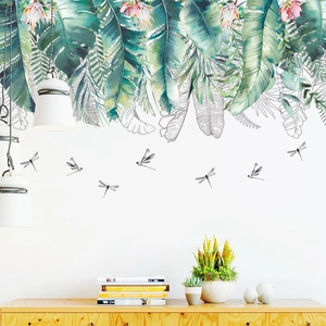 Tropical banana leaves and pink floral wall stickers with black dragonflies decor