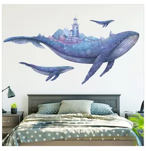 Detailansicht Wandaufkleber mit Walen im Fantasy-Stil und Berg-Leuchtturm-Motiv
