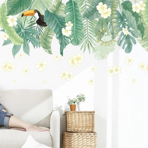 Tropical Green Leaves Wall Stickers Toucan Monstera Palm Leaf Floral Wall Decals Removable Waterproof PVC Home Art Decor