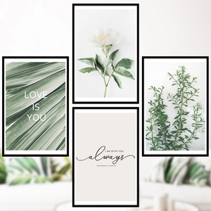 Set of four Nordic white rose and green plant wall art frames with minimalist black borders