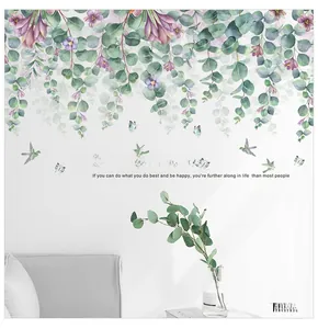 Tropical eucalyptus leaf wall stickers with birds and quotes for bedroom decor