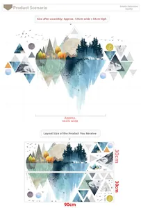 Nordic geometric mountain wall stickers showing layout and 125x84cm dimensions