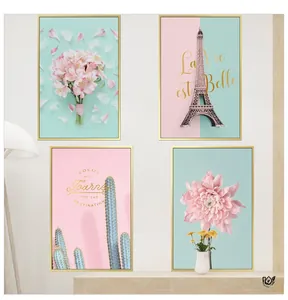 Pink floral and Eiffel Tower wall art set with slim gold frames for Nordic home decor