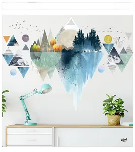 Detail of Nordic geometric wall sticker with mountain and forest watercolor art