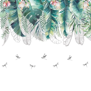 Tropical watercolor leaf wall stickers with monstera and dragonflies on white background