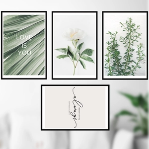 Modern white rose and green plant wall stickers with Nordic minimalist art frames