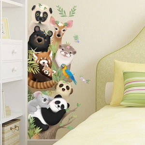 Cartoon forest animals wall stickers featuring panda and koala for kids room decor