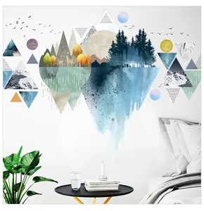 Detailed Nordic geometric wall sticker featuring snowy mountains, pine trees and deer