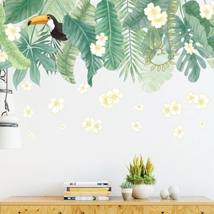 Tropical wall sticker with green monstera leaves and toucan for Nordic home decoration