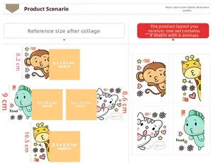 Detail view of 4 cartoon animal wall stickers including monkey and giraffe for light switches