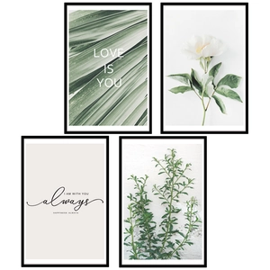 Set of 4 white rose and palm leaf wall stickers with minimalist love quotes and black frames