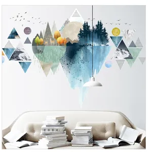 Detail of Nordic geometric wall sticker featuring abstract mountains, deer, and forest