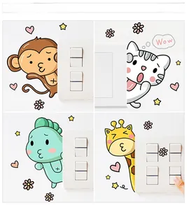 Detailed view of removable cartoon animal wall stickers around light switches for nursery