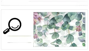 Detail of watercolor eucalyptus leaves and purple flowers with premium print texture