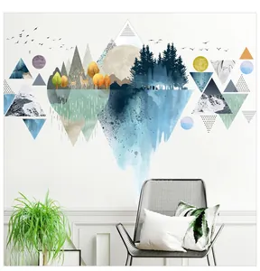 Detail of Nordic wall sticker featuring watercolor mountains, forest and geometric deer