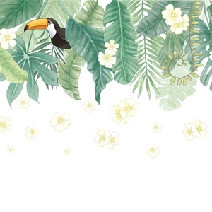 Tropical rainforest wall sticker featuring a toucan with green monstera leaves and white flowers
