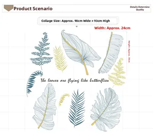 Detail view of blue tropical leaf wall decals with butterfly text and dimensions