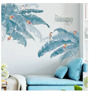 Detailed close-up of Nordic blue plantain leaf wall stickers for modern home wall decor