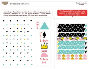Detail showing dimensions and layout of Nordic geometric wall stickers with triangle patterns