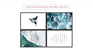 Detail of four-piece blue wave wall stickers with hummingbird art and quotes, 90x60cm size