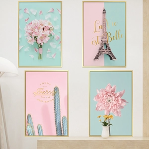 Set of 4 Nordic wall art pieces featuring pink florals and Eiffel Tower in gold frames