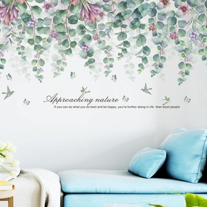Tropical eucalyptus leaves and purple flower wall stickers with butterfly and nature text