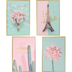 Pink Nordic wall art set of four with gold frames featuring Eiffel Tower and flowers