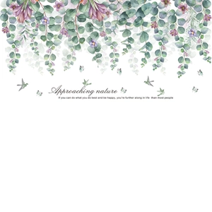 Eucalyptus leaf wall stickers with birds and butterfly in watercolor Nordic style art