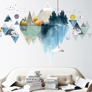 Nordic geometric mountain wall stickers with forest and deer for living room decor