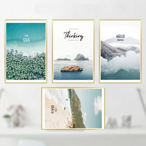 Set of 4 minimalist Nordic landscape wall art prints with golden metal frames for home decor