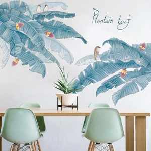 Nordic Plantain Leaf Wall Sticker Watercolor Blue Banana Leaves Flowers Birds Removable PVC Wall Decals For Home Living Room Decor