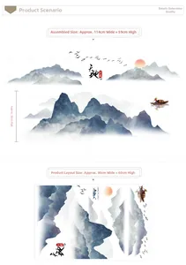 Detail view of ink landscape wall sticker with mountains, red sun, and birds, 114x59cm