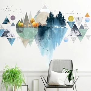 Nordic geometric wall decal featuring snowy mountains and deer for a modern bedroom
