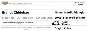 Detailed specifications table for Nordic triangle PVC wall stickers for home decoration