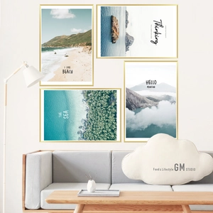 Modern minimalist wall art set featuring nature landscapes with sleek gold frames