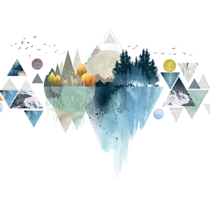 Nordic geometric wall decal featuring blue mountains, deer and forest illustration