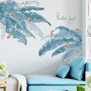 Minimalist Nordic plantain leaf wall stickers with blue leaves and birds for home decor
