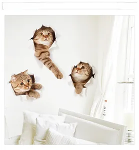 Detail of 3D lifelike tabby cat wall stickers showing creative broken wall effect decoration