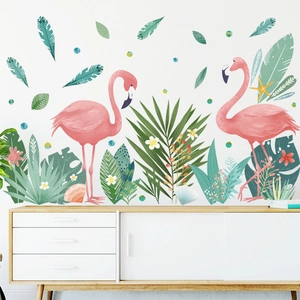 Stickers Muraux Flamant Rose PVC Imperméable Feuilles Tropicales Fleurs Décalcomanies Auto-adhésives pour Salon Chambre Décor
