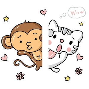 Removable cartoon wall stickers featuring a cute monkey and cat with hearts and stars