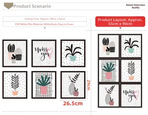 Detail view of PVC wall stickers showing potted succulent plants with layout dimensions