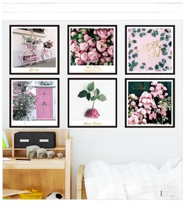 Set of six pink rose floral wall art frames with minimalist aesthetic for room decor