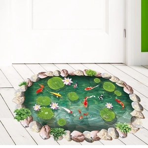 Adesivo per pavimento 3D stagno pesci koi con loto per decorazione casa impermeabile