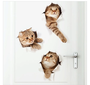 Detailed 3D cat wall stickers showing three tabby cats peeking through white door holes
