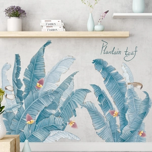 Nordic blue plantain leaf wall decals with flying birds for modern minimalist home decor