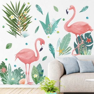 Stickers muraux flamants roses romantiques avec feuilles tropicales pour déco de chambre