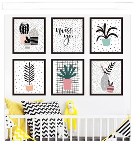 Detailed view of six-piece minimalist black framed wall stickers with cactus and succulent art