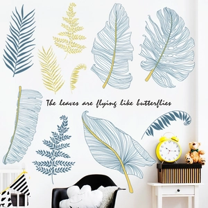 Nordic Style Botanical Leaf PVC Wall Sticker Decorative Morandi Blue Gold Shimmer Plant Mural For Living Room Bedroom