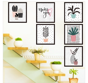 Set of 6 minimalist framed wall stickers featuring Nordic botanical potted plant designs