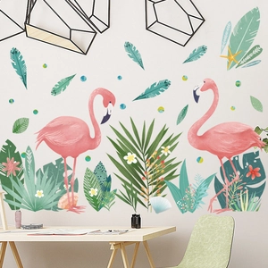 Stickers muraux flamants roses et feuilles tropicales pour déco de chambre romantique
